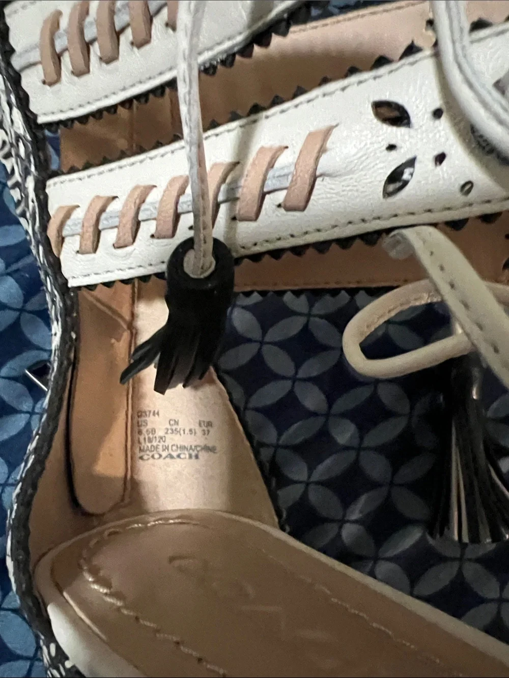 Coach Two-Tone Espadrille Wedge Sandals in Beige and Black